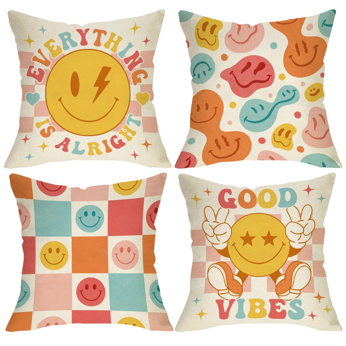 Fjfz Groovy Smiling Face Inspirational Decorative Throw Pillow Covers 18 x 18 Set of 4, Hippie Smile Motivational Quote Porch Outdoor Home Decor, Smiley Everything is Alright Couch Cushion Case