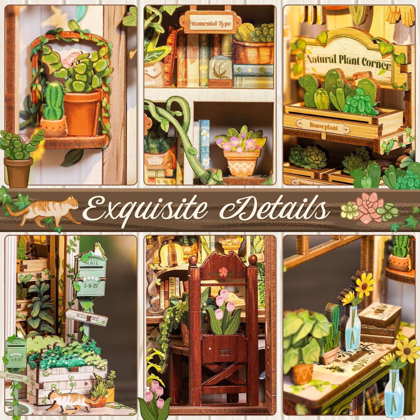 CUTEBEE Book Nook Kit - DIY Miniature House Dollhouse Kit for Adults and Teens, Booknook Tiny House Bookshelf Decor 3D Wooden Puzzle, Gifts for Family Friends (Green Life Bookshop)