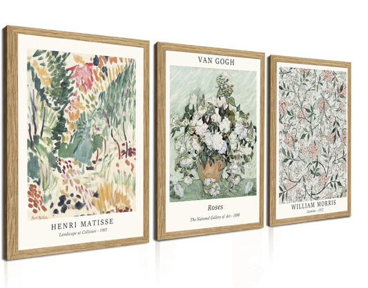 Induslyfe Framed Sage Green Vintage Wall Art Canvas Decor Set of 3, Matisse Wall Art Prints Posters Mid Century Modern Art, Van Gogh Floral Botanical wall art, bathroom, bedroom, living room 12x16