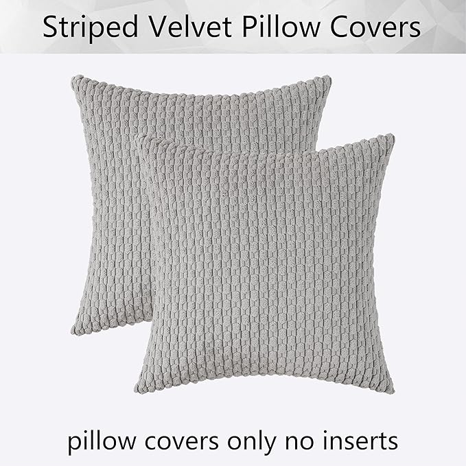 Kevin Textile Set of 2 Decorative Pillows Covers for Couch Striped Boho Velvet Sofa Pillow Covers 40x40cm 16 x 16 Inch Light Grey