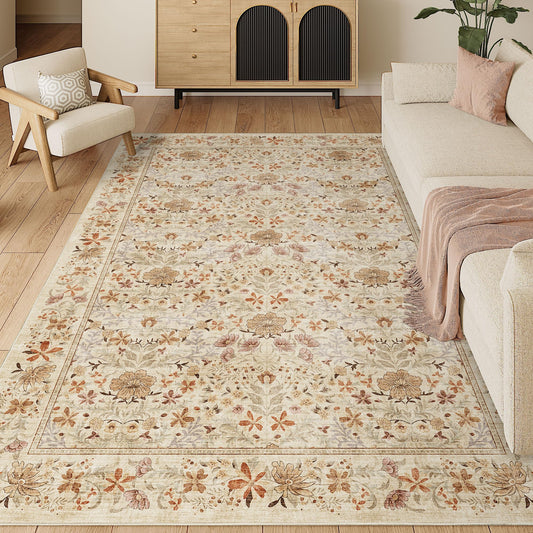 DUKINO 5x7 Area Rugs, Floral Washable Rugs for Bedroom with Non Slip Backing, Vintage Low Pile Indoor Floor Carpets for Bedroom, Living Room, Farmhouse, Home Office, Dining Room, Beige