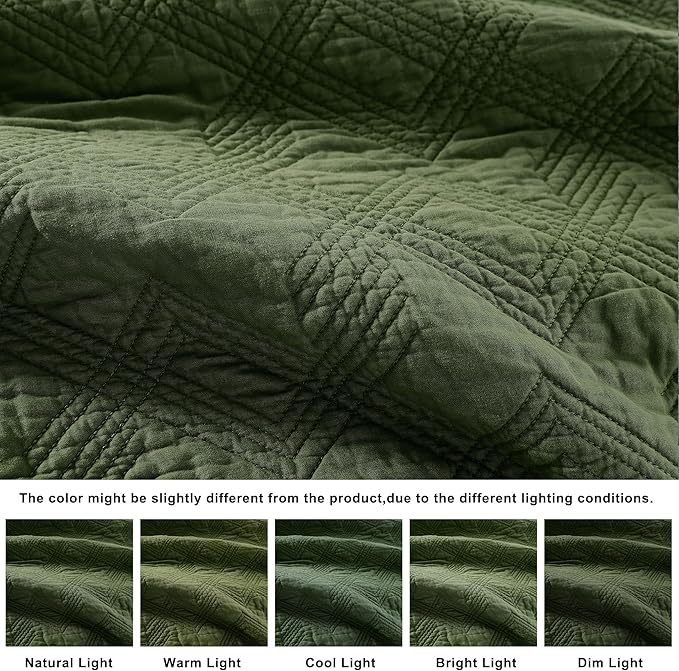 WDCOZY 100% Cotton King Size Quilt Set - Olive Green Pre-Washed Soft Lightweight Modern Bedspread, Farmhouse Country Rustic Coverlet, Textured Like Linen, Shabby Chic Gauze Bedding, 3 Pieces