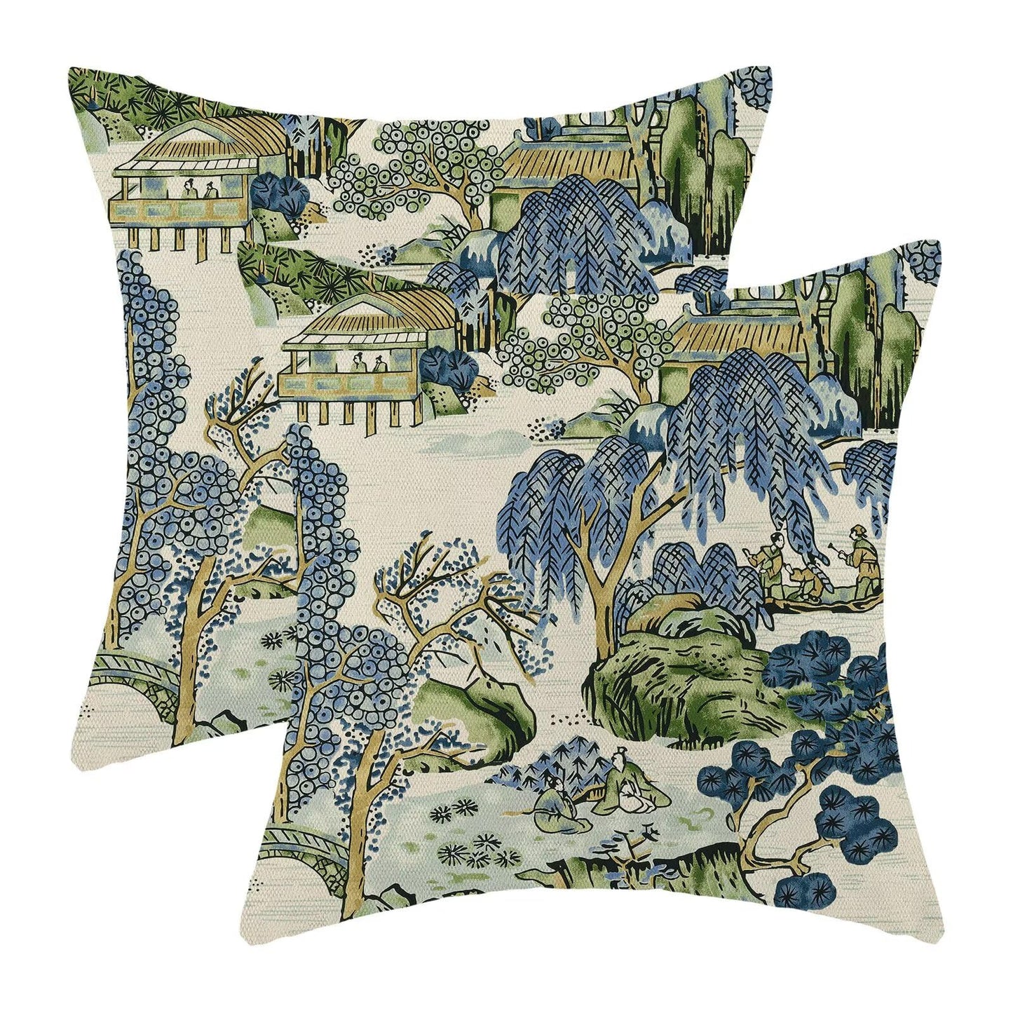 Sage Green Blue Chinoiserie Pillow Covers 18x18 Set of 2 Chinoiserie Tree Leaves Decorative Throw Pillow Modern Outdoor Linen Square Farmhouse Asian Scenic Cushion Cover for Home Couch Sofa