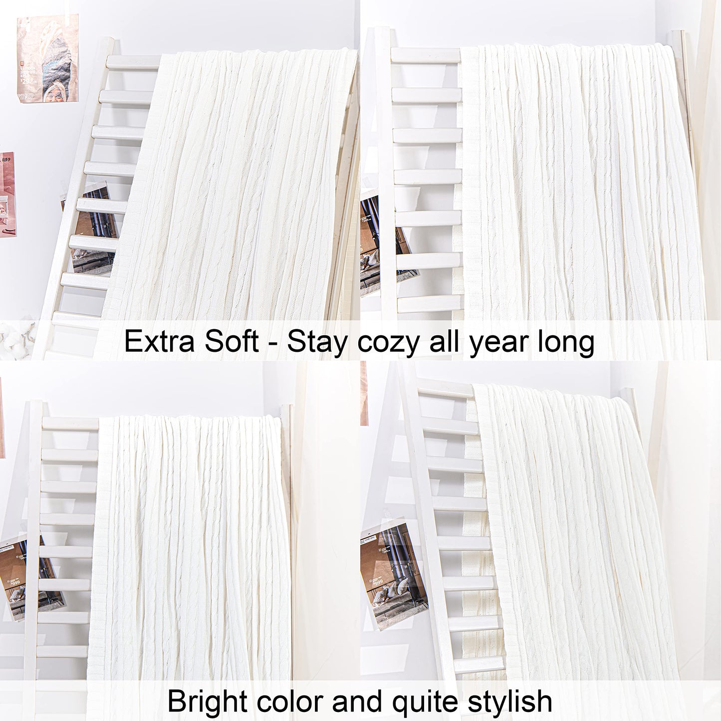 NTBAY 100% Pure Cotton Cable Knit Throw Blanket, Super Soft Warm 51x67 Knitted Throw Blanket for Couch, Sofa, Chair, Bed - Extra Cozy, Machine Washable, Comfortable Home Decor, White