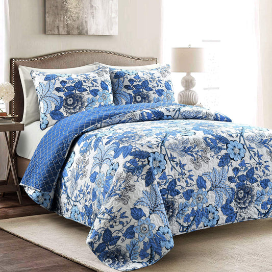 Lush Decor Sydney Reversible Cotton Quilt Set, 3 Piece Set, King, Navy & White - Cotton Bedding Set - Navy Floral Quilt - Cottage Decor - Bedding King Size