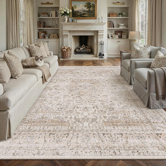 WondRg 8x10 Washable Area Rug Beige Vintage Non Slip Soft Low Pile Rug for Living Room Bedroom Dining Room Office Distressed Oriental Indoor Large Throw Carpet for Home Decor