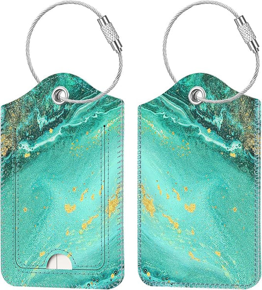 Fintie Luggage Tags, Privacy Cover ID Label with Stainless Steel Loop and Address Card for Travel Bag Suitcase, Aqua Wave (2 Piece)