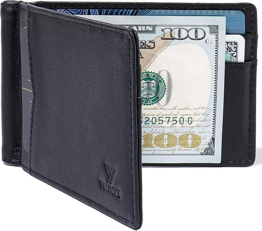 YBONNE Mens Slim Wallet with Money Clip Front Pocket RFID Blocking Thin Bifold Leather Card Holder Minimalist Mini Billfold