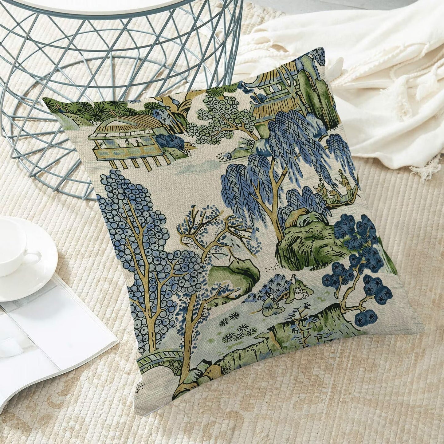 Sage Green Blue Chinoiserie Pillow Covers 18x18 Set of 2 Chinoiserie Tree Leaves Decorative Throw Pillow Modern Outdoor Linen Square Farmhouse Asian Scenic Cushion Cover for Home Couch Sofa