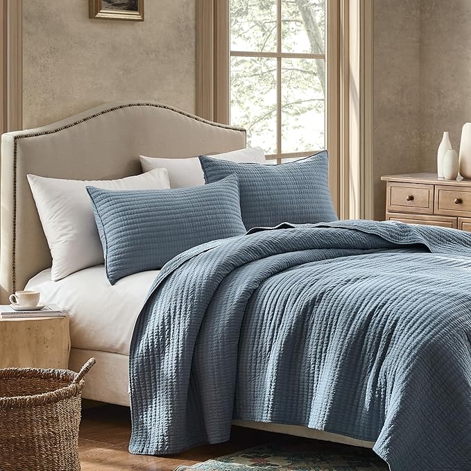 WDCOZY 100% Cotton Twin Size Quilt Set - Blue Striped Pick Stitch Soft Lightweight Bedspread, Textured Like Linen, Farmhouse Country Rustic Coverlet, Shabby Chic Gauze Bedding, 2 Pieces