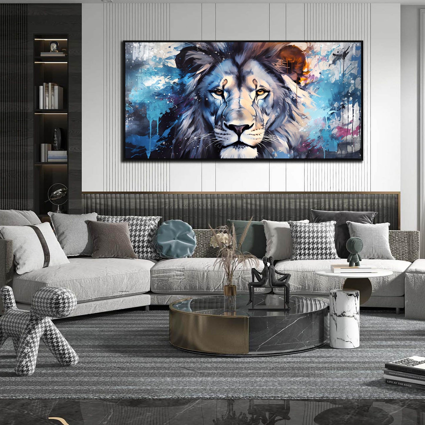 Lion Wall Art for Living Room, Animal Canvas Wall-Decor for Bedroom, Blue Picture Print, Large Size 59x29 Inches Framed