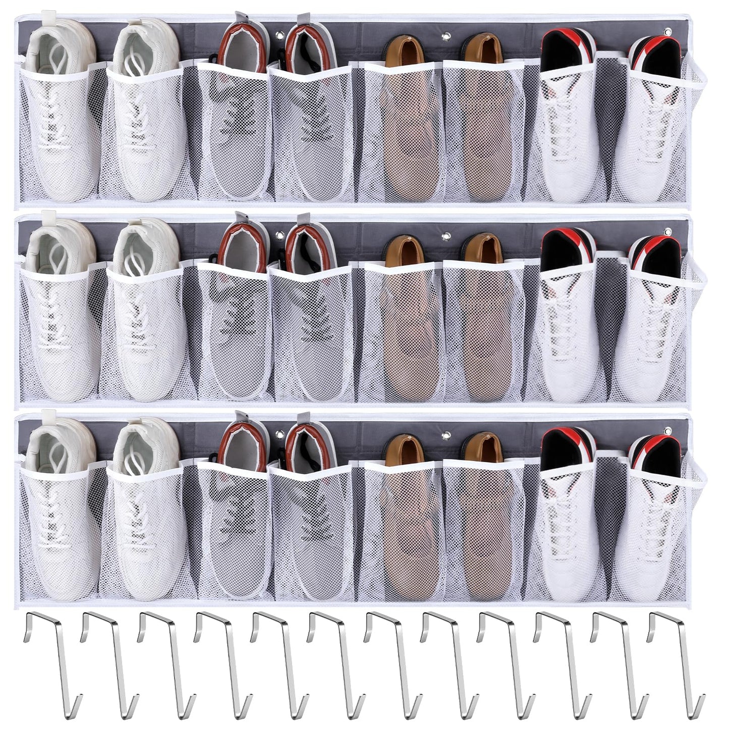 KongTiva 3 Pack RV Shoe Storage for Bedside, Hanging Shoe Organizer with 8 Large Pockets Wall Mounted Bedside Caddy with Sturdy Hooks for Entryway Camper, RV & Camper Essentials