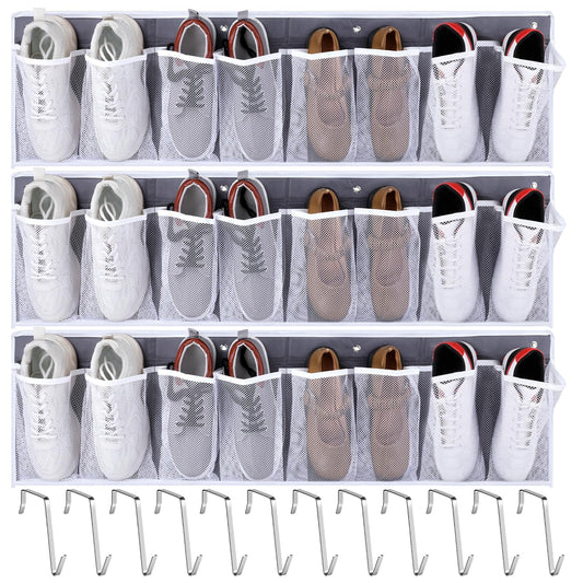 KongTiva 3 Pack RV Shoe Storage for Bedside, Hanging Shoe Organizer with 8 Large Pockets Wall Mounted Bedside Caddy with Sturdy Hooks for Entryway Camper, RV & Camper Essentials
