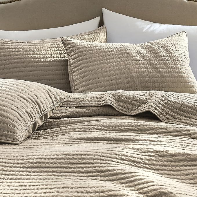WDCOZY 100% Cotton Queen Size Quilt Set - Beige Neutral Striped Pick Stitch Soft Lightweight Bedspread, Textured Like Linen, Farmhouse Country Rustic Coverlet, Shabby Chic Gauze Bedding, 3 Pieces