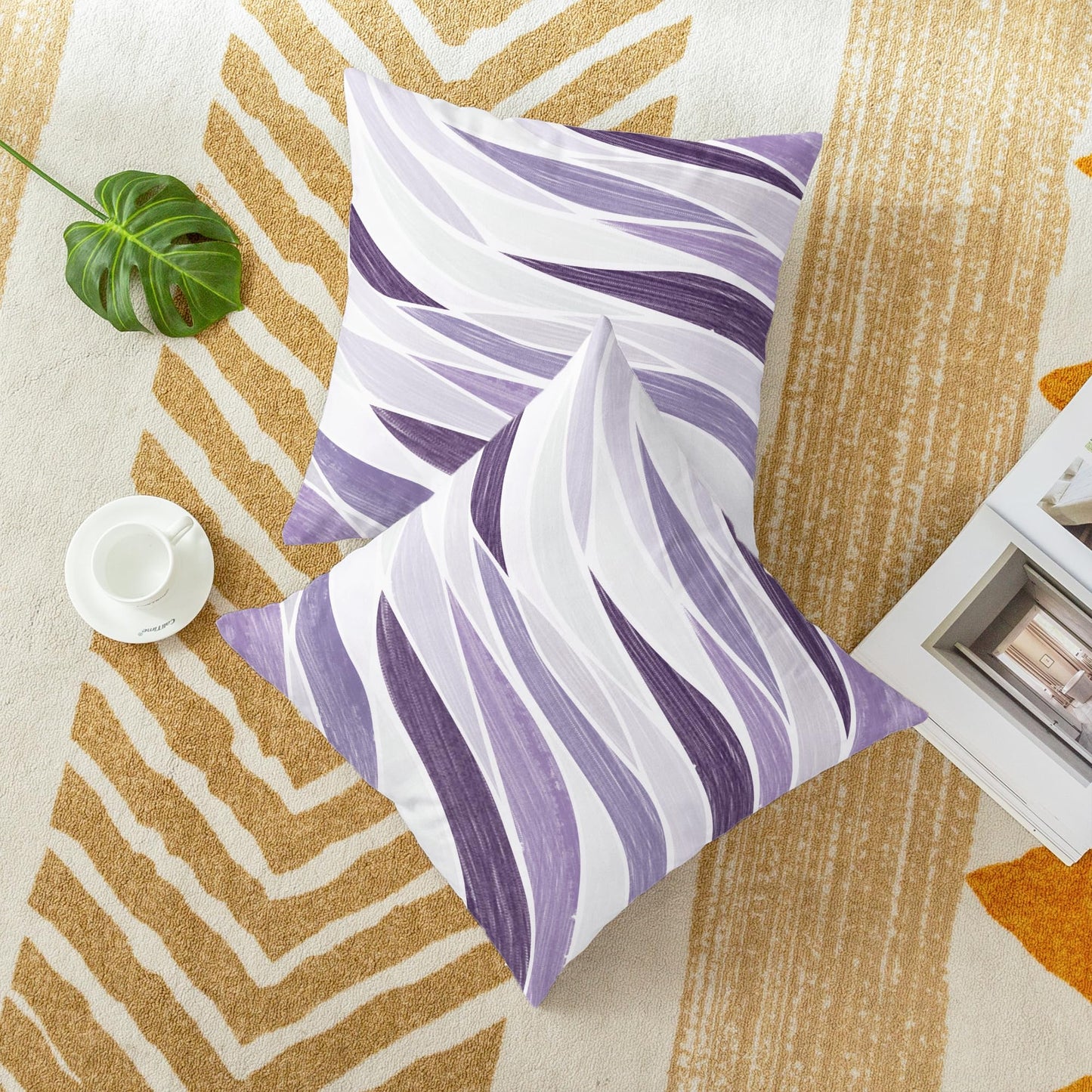 CaliTime Throw Pillow Covers Decorative 18 X 18 Inches Pack of 2 Cozy Fleece Two-Tone Abstract Sea Wave Geometric Cushion Cases for Couch Bed Sofa Farmhouse Decoration Deep Purple Grey