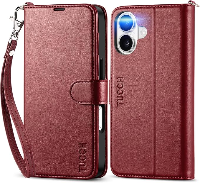 TUCCH Case Wallet for iPhone 17 (6.3-Inch) 2025, Wrist Strap | Stand | RFID Blocking | 4 Card Holders | TPU Shockproof Inner Shell | PU Leather | Magnetic Folio Cover | Dark Red