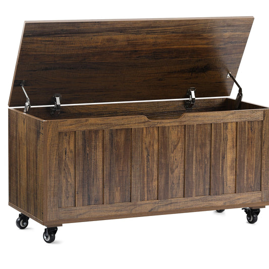 HYZ Storage Chest, 39.4'' Wooden Storage Bench with 4 Wheels & 2 Safety Hinges, Retro Toy Box Support 300 lbs for Bedroom, Living Room, Easy Assembly, Vintage Brown