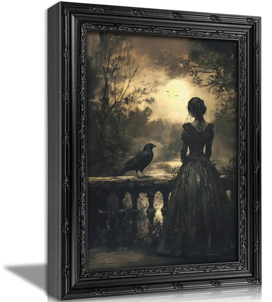 Vintage Black Framed Dark Academia Gothic Woman & Raven Wall Art Victorian Canvas Print Women & Crow Wall Decor Moody Gothic Cottagecore Decor For Bedroom Living Room Library Halloween Room Decor