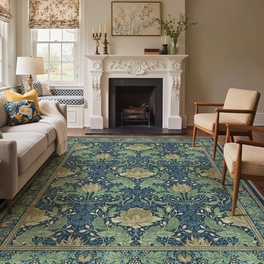 Bavni 8x10 Area Rugs, Floral Machine Washable Rugs for Living Room, Dinning Room, Bedroom, Non Slip Aesthetic Vintage Low Pile Durable Lightweight Farmhouse Rug, Tea Green/Blue