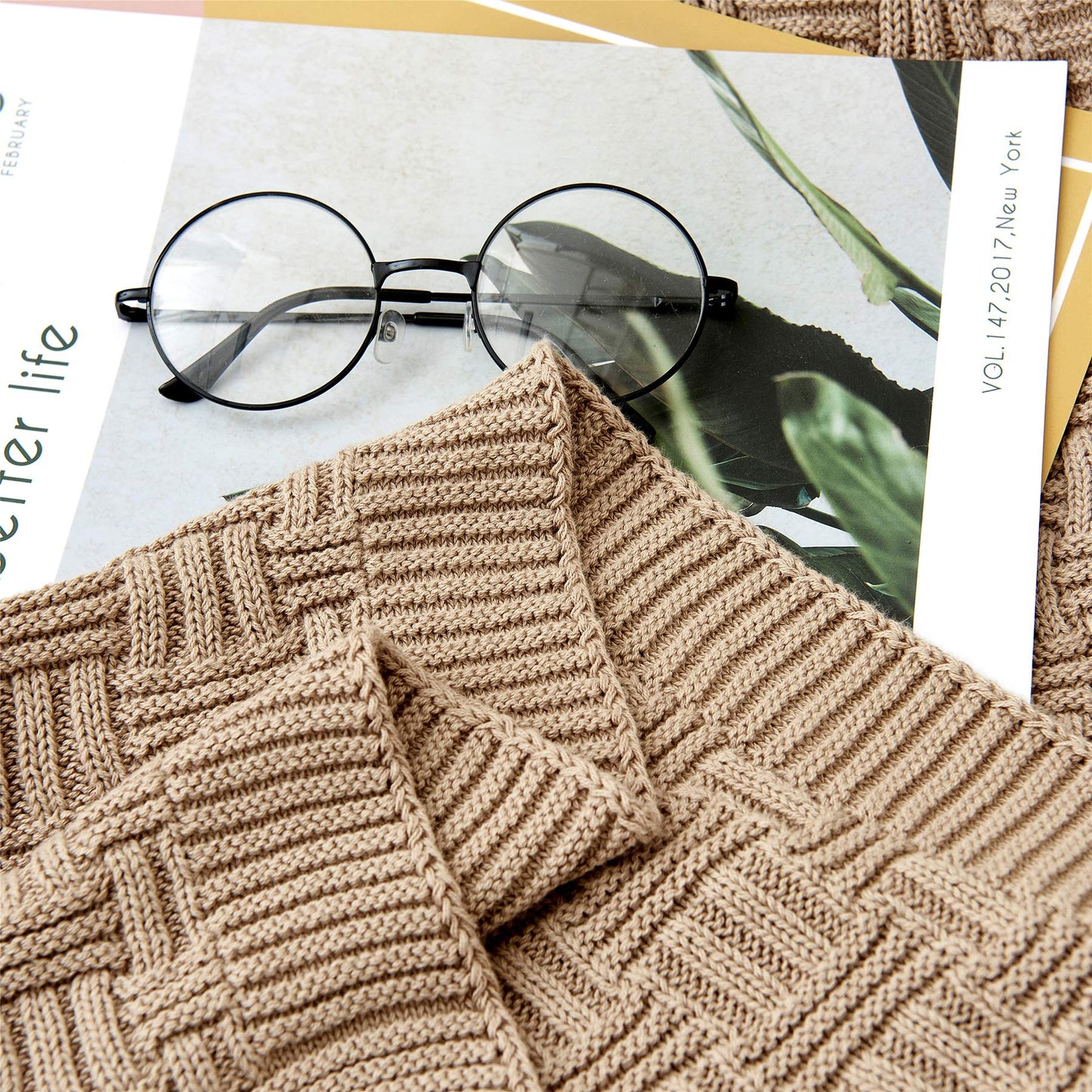Longhui bedding Cotton Khaki Cable Knit Throw Blanket for Couch Sofa Bed with Bonus Laundering Bag – Large 60 x 80 Thick, 3.4 LB, Machine Washable, Comfortable Home Décor