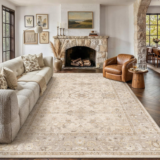WondRg 8x10 Beige Washable Area Rug for Living Room Bedroom Soft Low Pile Lightweight Throw Rug Non Slip Vintage Accent Carpet Dining Room Classroom Playroom Home Decor