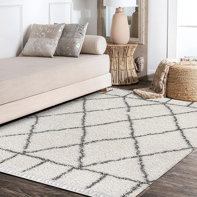 JONATHAN Y Mercer Shag Plush Tassel Ivory/Gray Indoor Area Rug, 3x5, Moroccan Geometric Trellis, Easy-Cleaning for Living Room, Bedroom, Kitchen, Pet Friendly, Non-Shedding (MCR101B-3)