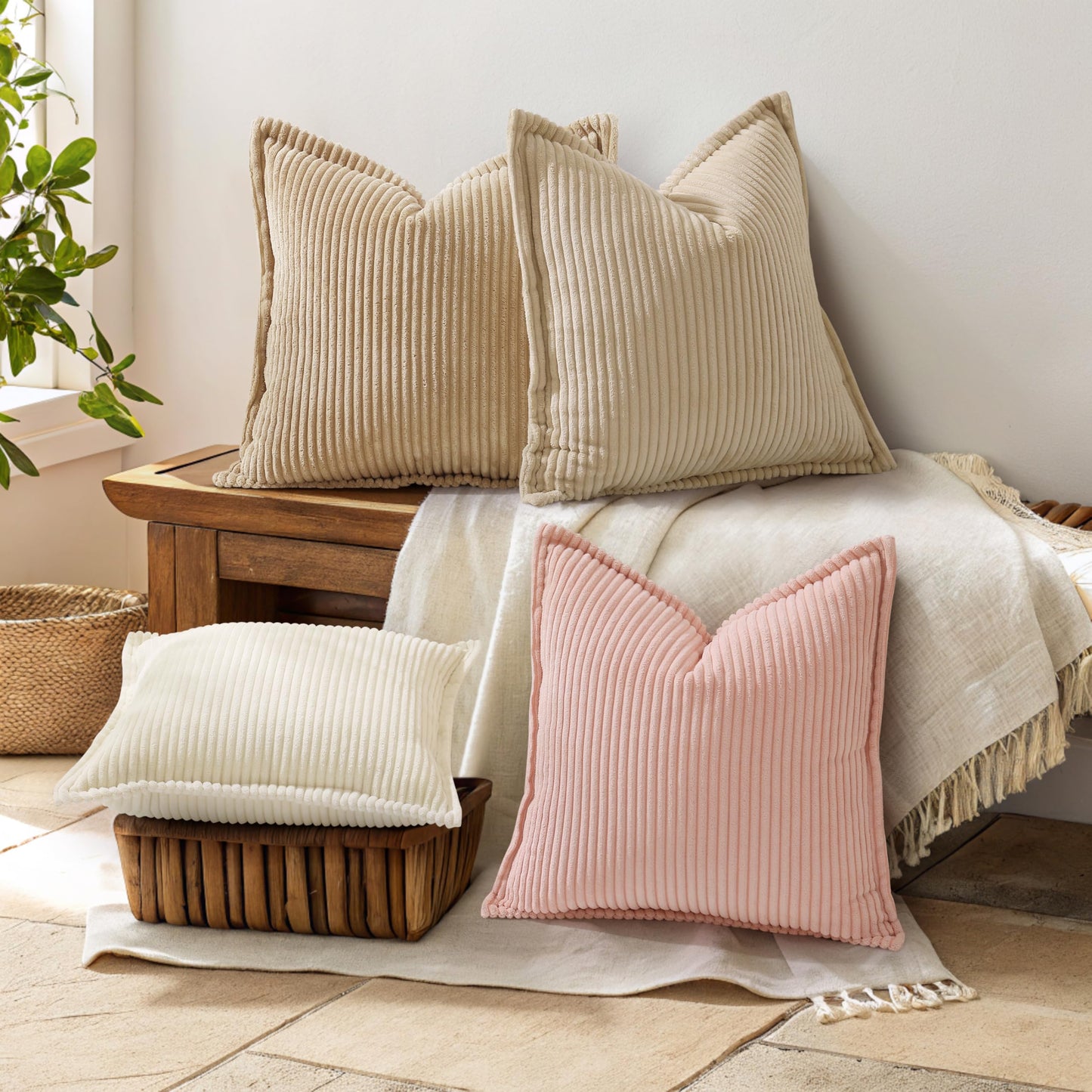 decorUhome Summer Corduroy Beige Euro Sham Throw Pillow Covers 24x24 Set of 2 Decorative Soft Boho Farmhouse Couch Pillow Covers for Living Room Bed Sofa Broadside Striped Pillow Cases
