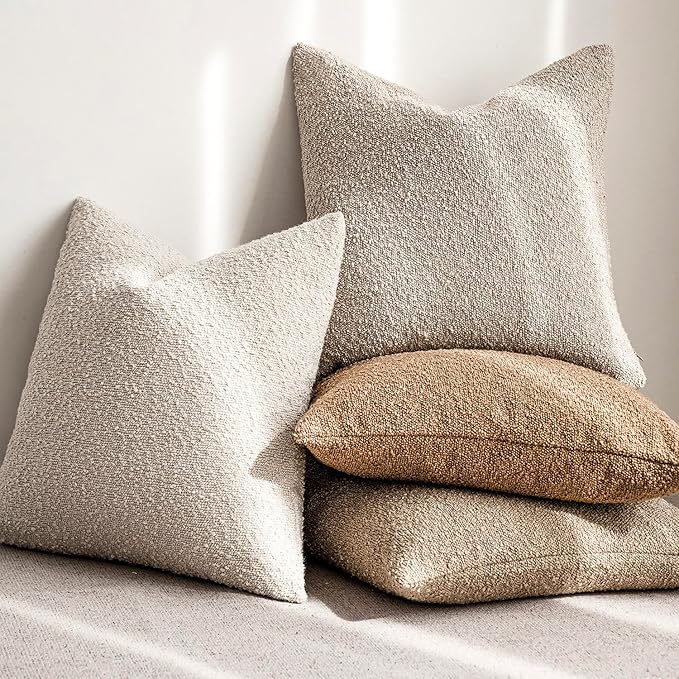 Foindtower Decorative Textured Boucle Throw Pillow Covers Accent Solid Pillow Cases Neutral Soft Cozy Couch Cushion Case for Chair Sofa Bedroom Living Room Home Decor 16x16 Inch,1PC,Light Beige