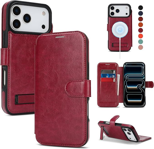 CIVICASE for iPhone 17 Pro Wallet Case with Stand,PU Leather Flip Credit Card Holder Slots (RFID Blocking),Compatible with Magsafe Magnetic Holder Phone Cover Women Men,Wine Red