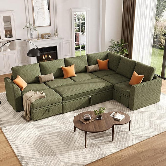 GarveeHome Sectional Sleeper Sofa with Pull Out Bed, Corduroy Modular Sectional Sofa U Shaped 7 Seat Couch with Pull Out Couch and Storage Seat & Ottoman, Convertible Couches for Living Room