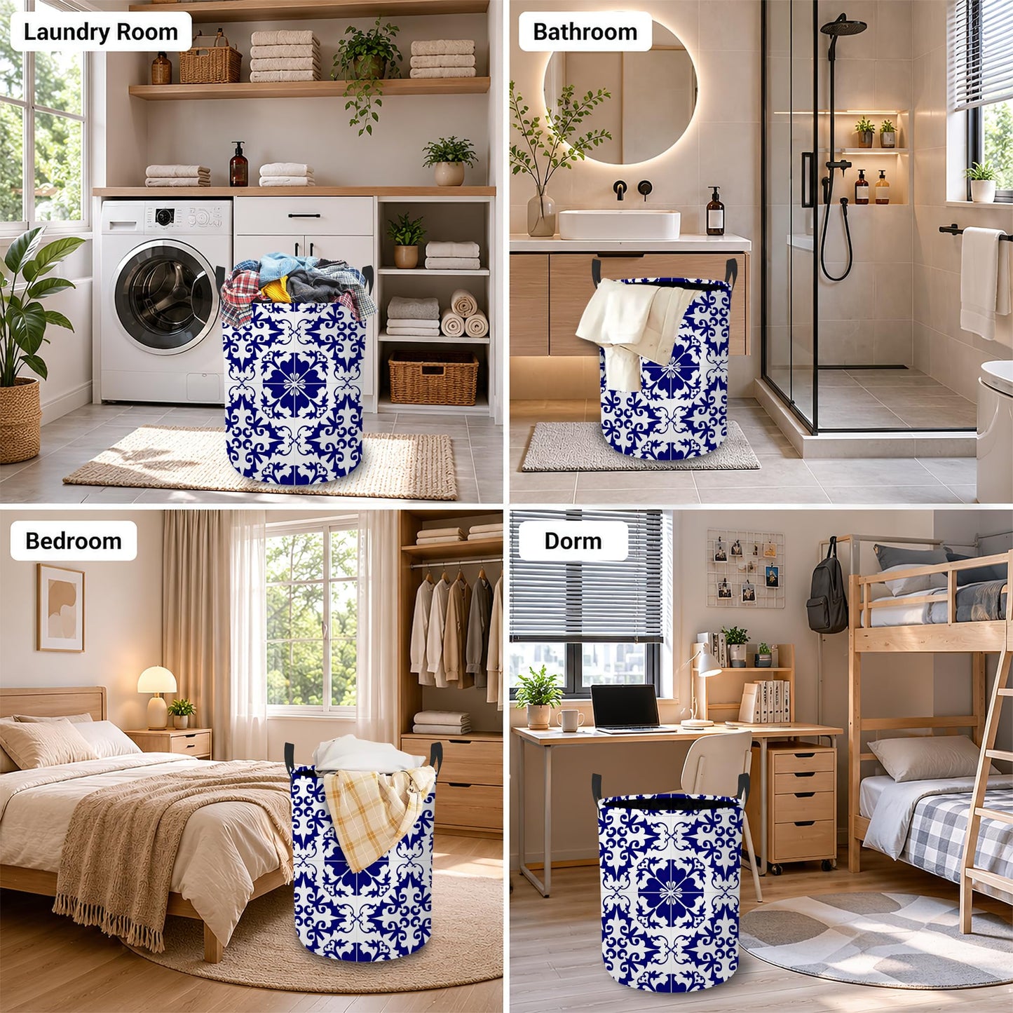 Boho Laundry Basket Oxford Cloth Blue White Tile Laundry Hamper With Handle Foldable Portable Clothes Storage Basket Storage Bag For Laundry Room/Bathroom/Bedroom/Dormitory 20.8"x16"