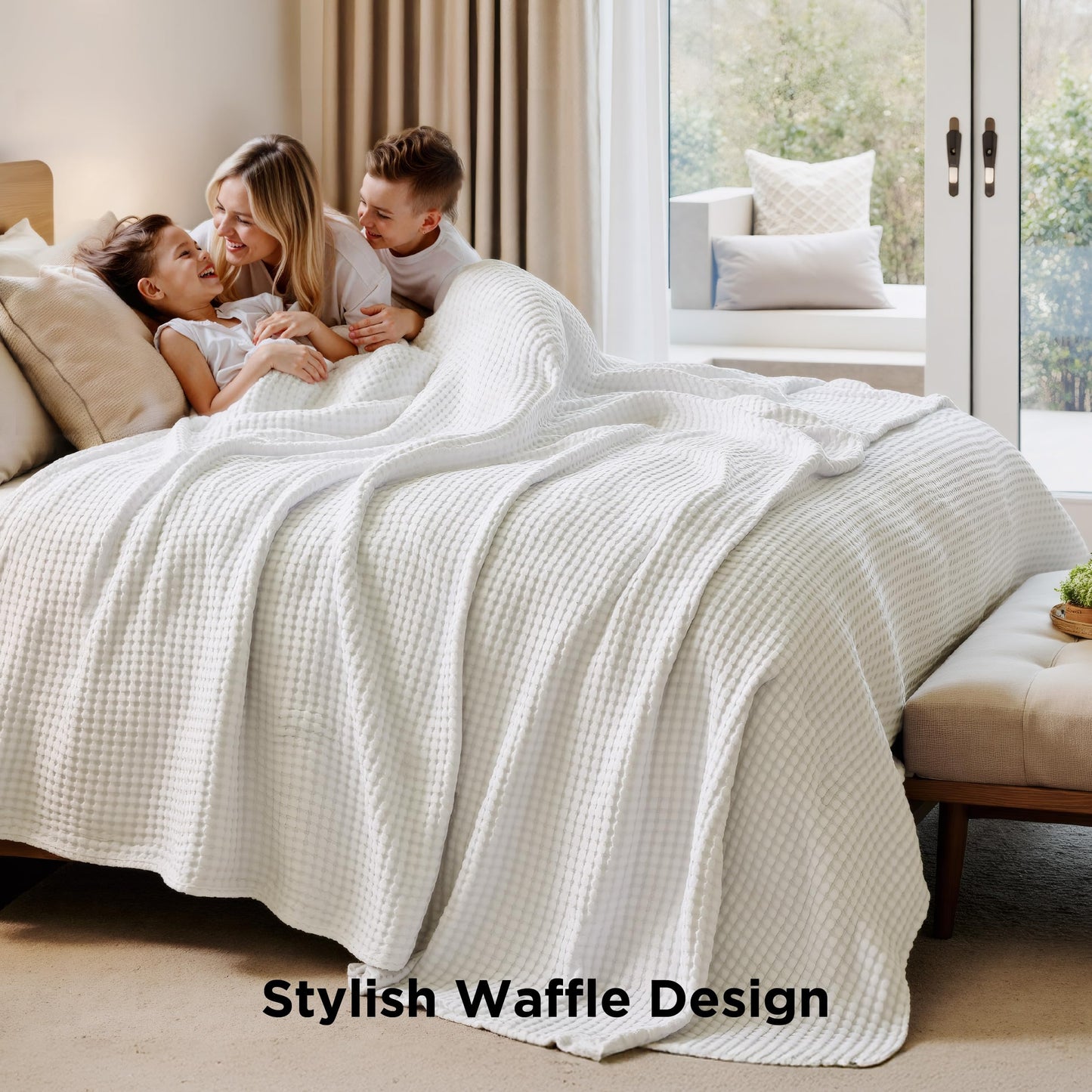Bedsure Cooling Waffle Queen Size Blanket - Lightweight Cotton Summer Blanket of Rayon Derived from Bamboo for Hot Sleepers, Luxury Throws for Bed, Couch and Sofa, Ivory, 90x90 Inches