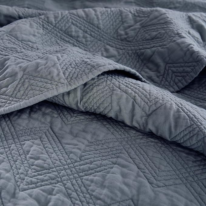WDCOZY 100% Cotton Oversized King Quilt Set - Dusty Blue California Cal King Size Soft Lightweight Modern Bedspread, Farmhouse Country Rustic Coverlet, Textured Like Linen, Shabby Chic Bedding