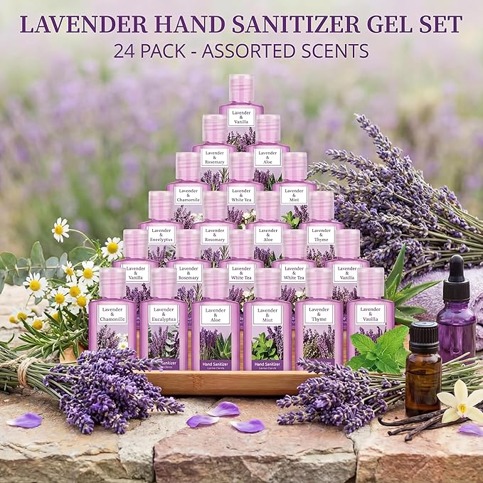 Frienda 24 Pcs Mini Hand Sanitizers Bulk Travel Size Lavender Scented Hand Sanitizers 1 Fl oz Pocket Sanitizing Moisturizes Cleans Hands for Guest Adults Family Office Travel Christmas Party Gifts