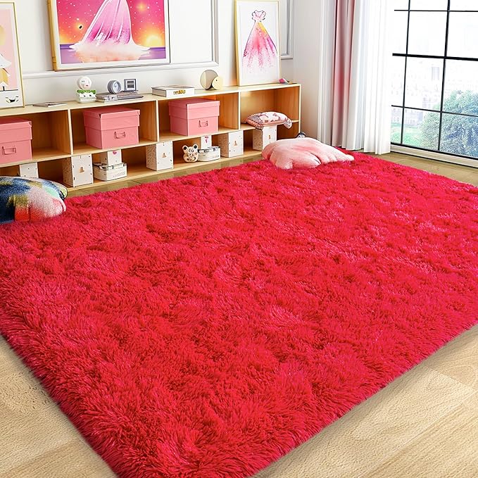 Ultra Fluffy Area Rugs for Living Room Bedroom, 6x9 Fuzzy Large Living Room Rugs, Thick Shag Rug for Dorm, Soft Non Slip Kids Girls Boys Rug for Home Decor Aesthetic, Red