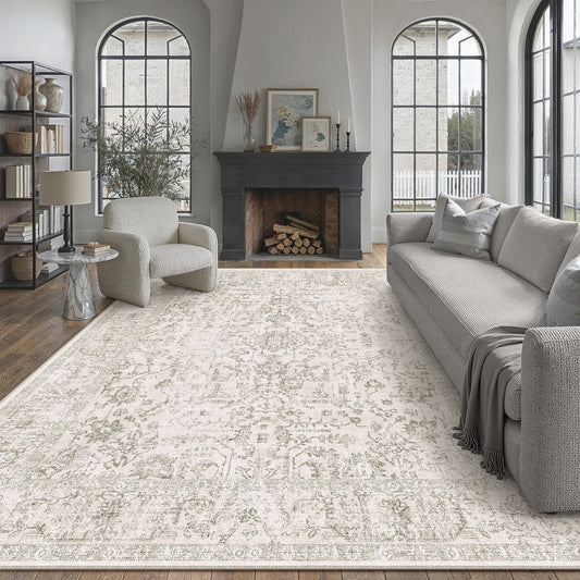 PureCozy 6x9 Washable Area Rug Beige Grey Vintage Large Carpet for Living Room Non-Slip Low Pile Retro Floral Farmhouse Accent Throw Rugs for Bedroom Office Nursery Dorm Dining Room
