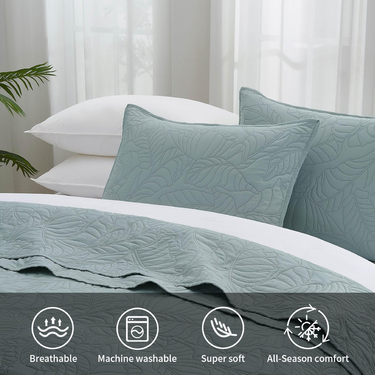 BOURINA Ultrasonic Quilt Set 3-Piece Bedding Set Pre-Washed Microfiber Ultra Soft Lightweight Leaf Bedspread Coverlet Set for All Season, Queen Aqua