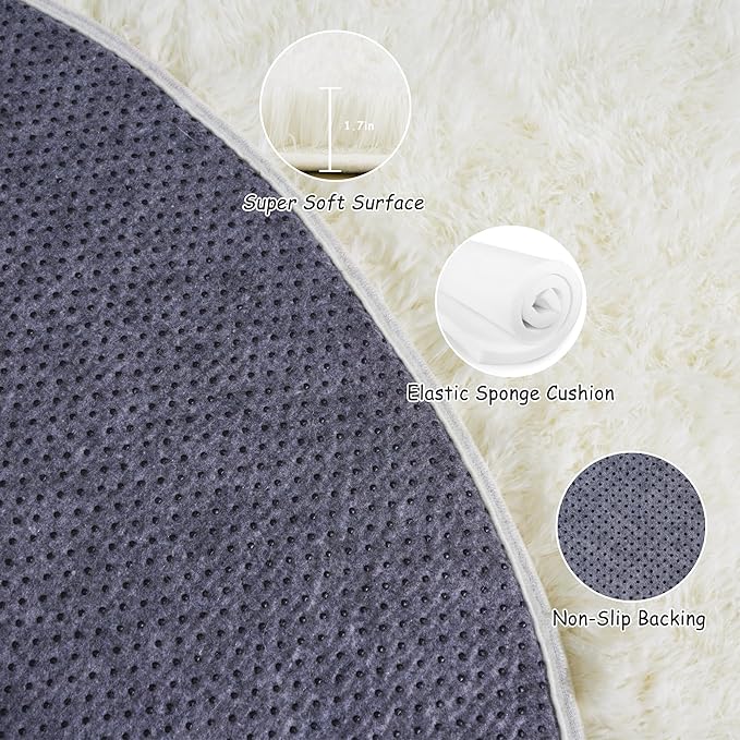 Round Fluffy Rugs 4Ft for Girls Bedroom, Cream White Shag Circle Kids Rug Non-Slip for Bedside Dorm Nursery Playroom, Soft Cute Area Rugs for Living Room Decor