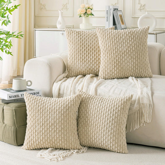 Cozoomy Set of 4 Beige Decorative Throw Pillow Covers 20x20 Inch Corduroy Pillow Covers for Bed Couch Sofa Living Room Soft Square Cushion Cases