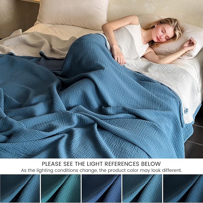 FALUCA Cotton Muslin Reversible Blanket 50x60 Inches for Bed, Couch, Four Layers Blanket, Soft Lightweight Cozy Breathable Farmhouse Decoration for All-Season, Light Blue