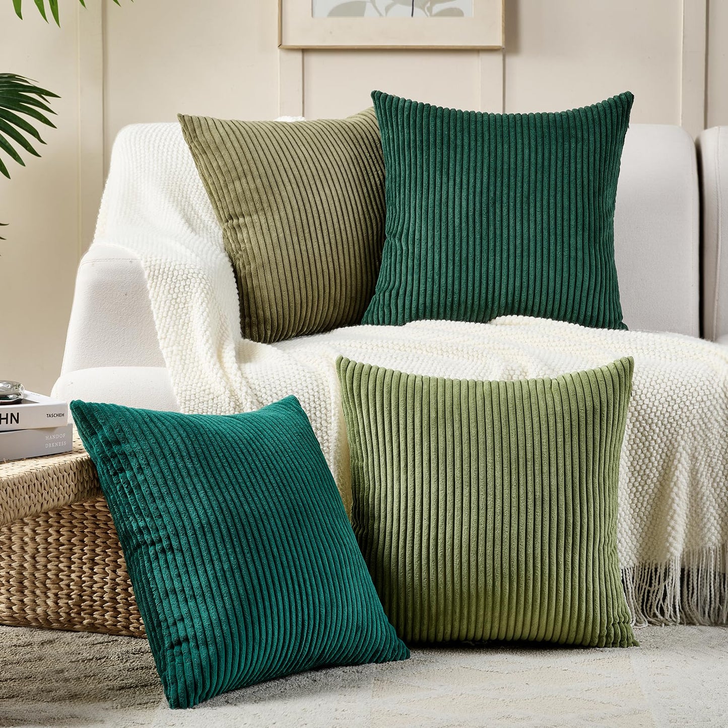Volcanics Set of 4 Dark Green Corduroy Decorative Couch Throw Pillow Covers 18x18 Inch, Soft Modern Boho Striped Accent Cushion Cases for Home Sofa, Rustic Home Decor