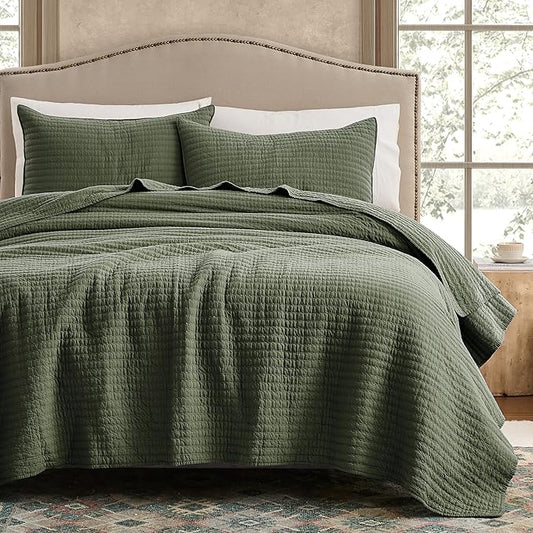 WDCOZY 100% Cotton Queen Size Quilt Set - Olive Green Striped Pick Stitch Soft Lightweight Bedspread, Textured Like Linen, Farmhouse Country Rustic Coverlet, Shabby Chic Gauze Bedding, 3 Pieces