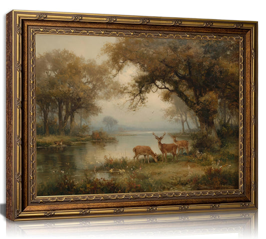 Gold Framed Vintage Forest Deer Canvas Wall Art Farmhouse Cottage Wild Animals Landscape Painting Picture Wall Decor Poster Prints Artwork for Bedroom Office Gallery Home Decoration