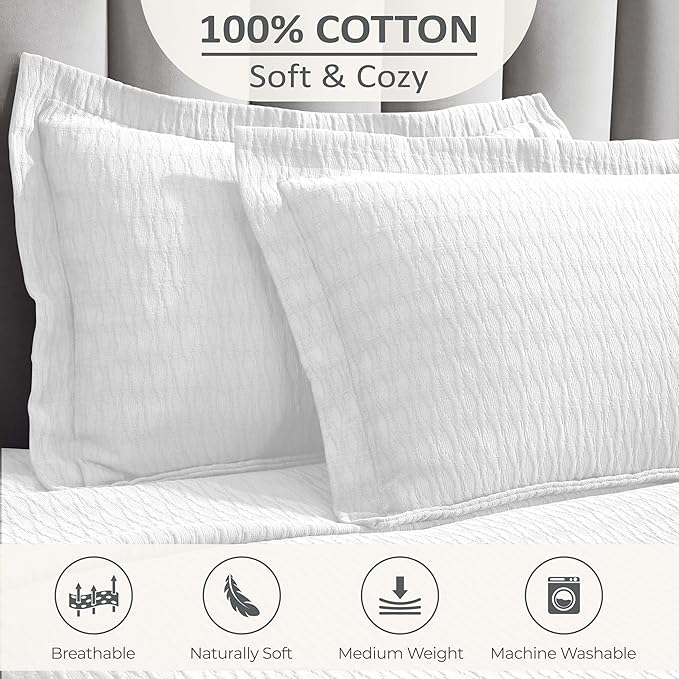 Superior 3 Piece Cotton Bedspread Set, Home Bed Decor, Decorative Bed Spread, 2 Pillow Shams, Medium Weight Blanket, Matelasse Coverlet, Bedding Essentials, Calvert Collection, California King, White