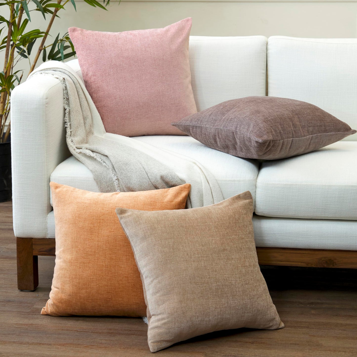 Encasa XO Thick Chenille Throw Pillow Covers Set of 2 | Buff - (24"x24") (60x60 cm) | Decorative Accent Square Throw Pillow Cases for Couch, Home Decor, Sofa