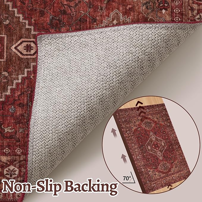 Tangsoo 5x7 Area Rug Washable Rug for Living Room, Vintage Indoor Non Slip Large Area Rugs, Print Distressed Carpet, Soft Low Pile Foldable Floor Rug for Bedroom Dining Room Dorm Dark Red