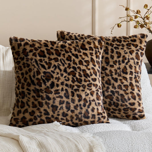 KINDREX Leopard Print Faux Fur Pillow Covers 18x18 Set of 2, Cloud-Like Soft & Fluffy Cheetah Cushion Cases, Eye-Catching Decor for Living Room Sofa Bedroom Decor