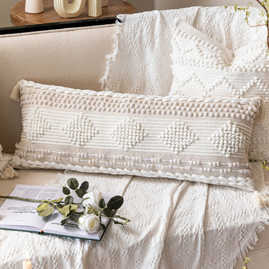 BlissBlush Cream Decorative Lumbar Throw Pillow Cover 14x36 Boho Long Cushion for Bed Neutral Beige White Accent Modern Farmhouse Pillowcase for Bedroom Living Room Couch Sofa Home Décor Cover ONLY