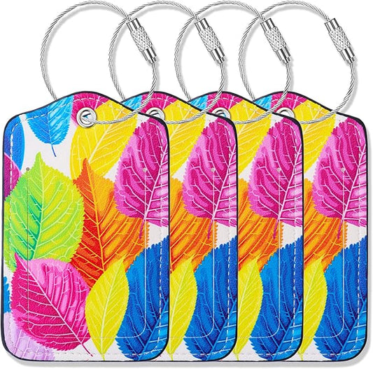 Luggage Tags for Suitcases-Leather Luggage Tag 4 Pack with Loops Cute Bag/Backpack/Suitcase Tags Travel Essentials for Flying (Colorful Leaft)