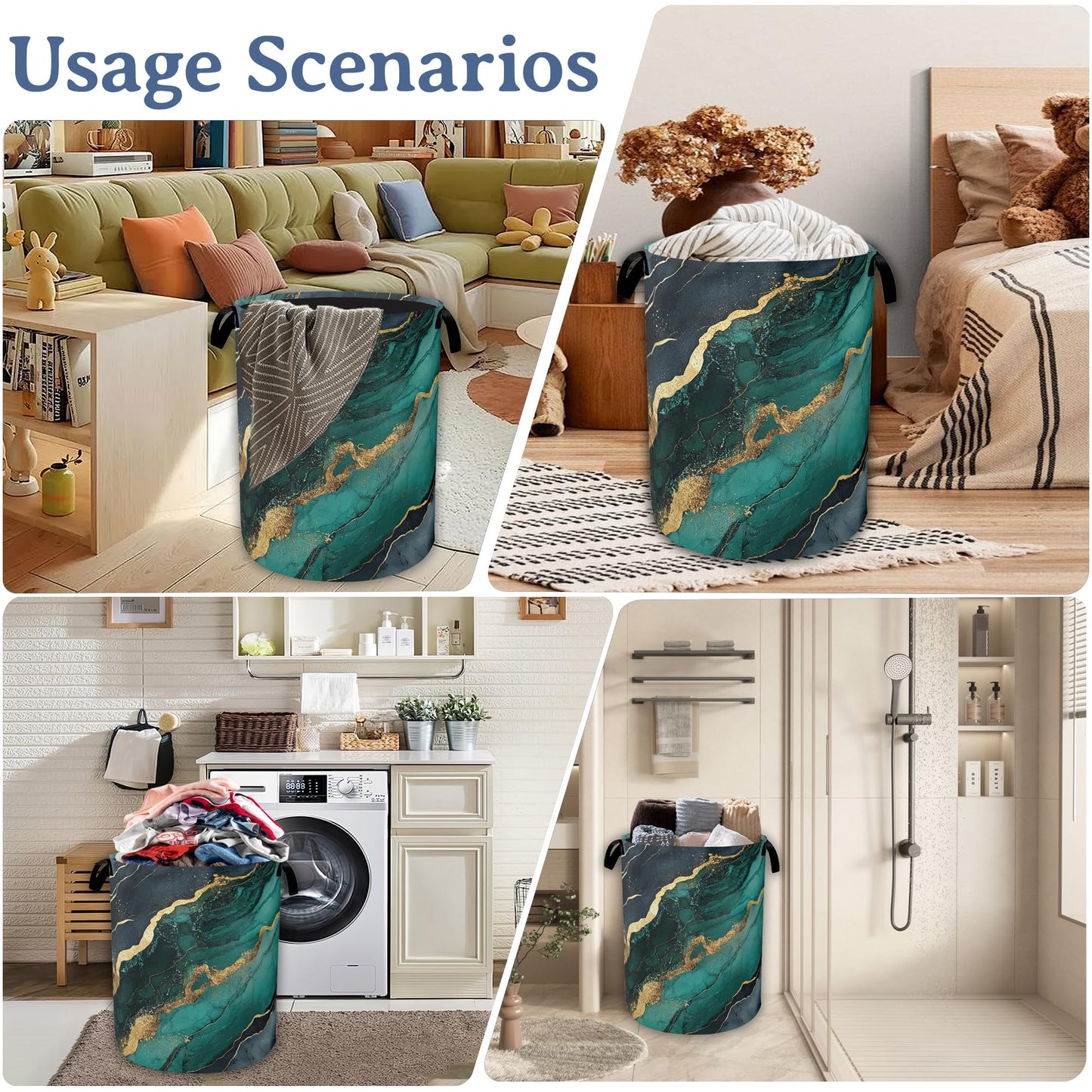 Marble Laundry Basket,Foldable Oxford Cloth Green Gold Flowing Marble Laundry Hamper With Handle, 20.8"x16" Portable Clothes Storage Basket Bag for Laundry Room/Bathroom/Bedroom/Dormitories